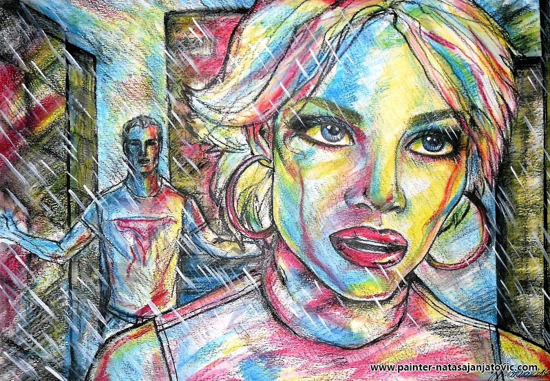 LOŠ MOMENAT ZA SVAĐU, DUŠO/BAD MOMENT FOR FIGHT,BABE, kombinovana tehnika/combined technique, 28x40 cm   