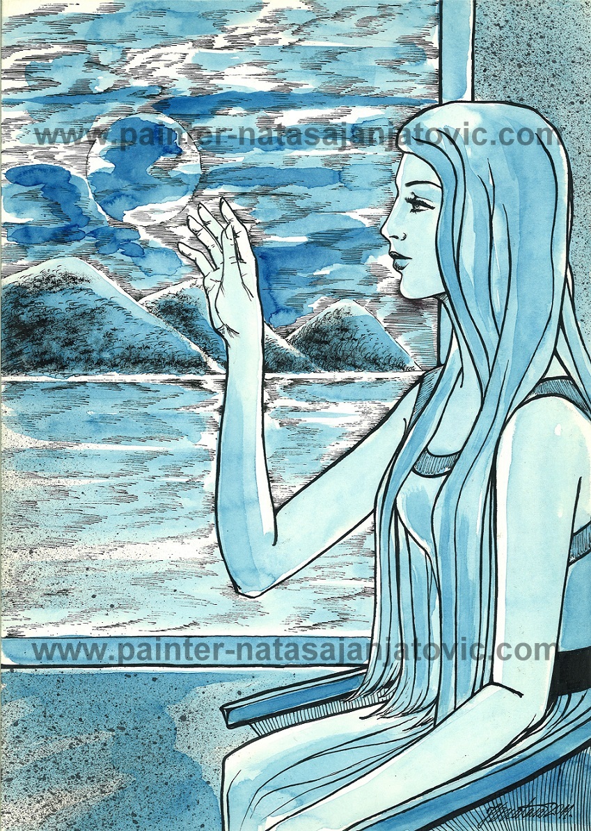 DEVOJKA I MESEC/GIRL AND THE MOON, akvarel i tuš/watercolour and ink, 29,50x42 cm  
