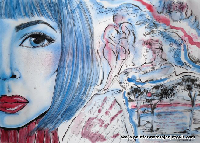 CRVENE I PLAVE MISLI/RED AND BLUE THOUGHTS, akvarel i tuš/watercolour and ink, 28x40 cm  