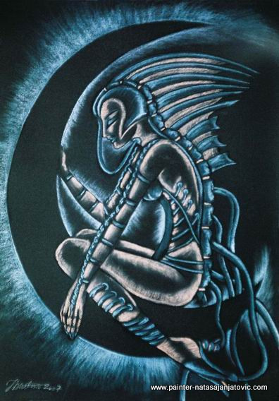LILIT NOĆU/LILITH AT NIGHT, suvi pastel na crnom papiru/dry pastel on black paper, 50x70 cm