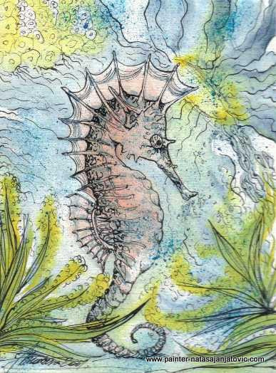 MORSKI KONJIC/SEA HORSE, akvarel i tuš/watercolour and ink, 15x20 cm 