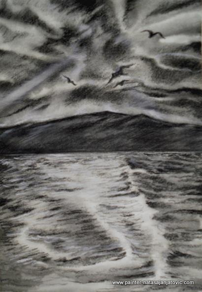 NOĆ NA MORU 2/NIGHT ON THE SEA 2, crni i beli suvi pastel/black and white dry pastel, 23x33 cm  