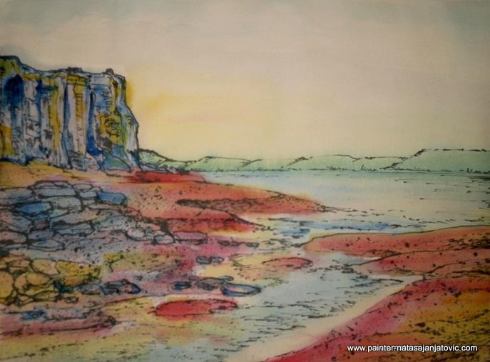 OBALA SA CRVENIM PESKOM/COAST WITH RED SAND, akvarel i tuš/watercolour and ink, 24,50x33 cm  