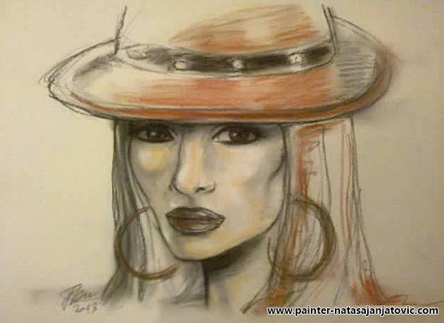 DEVOJKA SA ŠEŠIROM I MINĐUŠAMA/GIRL WITH A HAT AND EARRINGS, suvi pastel/dry pastel, 29,50x42 cm  