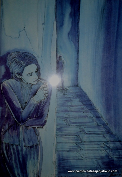 TAJNI SASTANAK/SECRET MEETING, crni i tuš u boji/black and coloured ink, 33x48 cm 