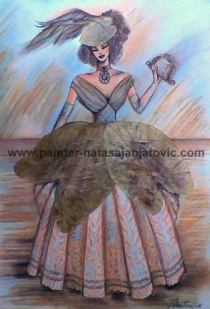 SKICA ZA HOLIVUDSKI KOSTIM/HOLLYWOOD COSTUME SKETCH, suvi pastel sa presovanim lišćem/dry pastel with pressed leaves, 35x50 cm
