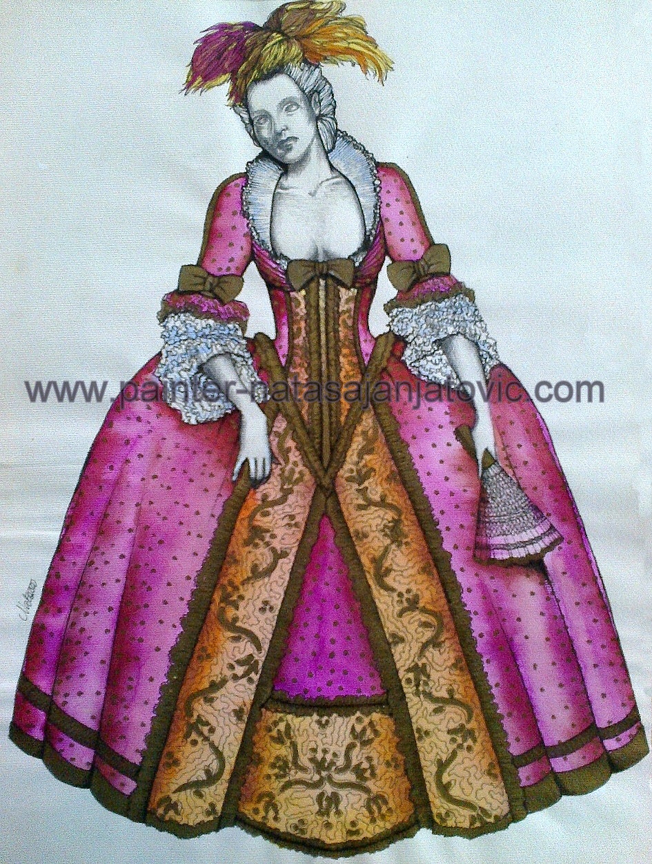 SKICA ZA ROKOKO KOSTIM/ROCOCO COSTUME SKETCH, kombinovana tehnika/combined technique, 25x34 cm