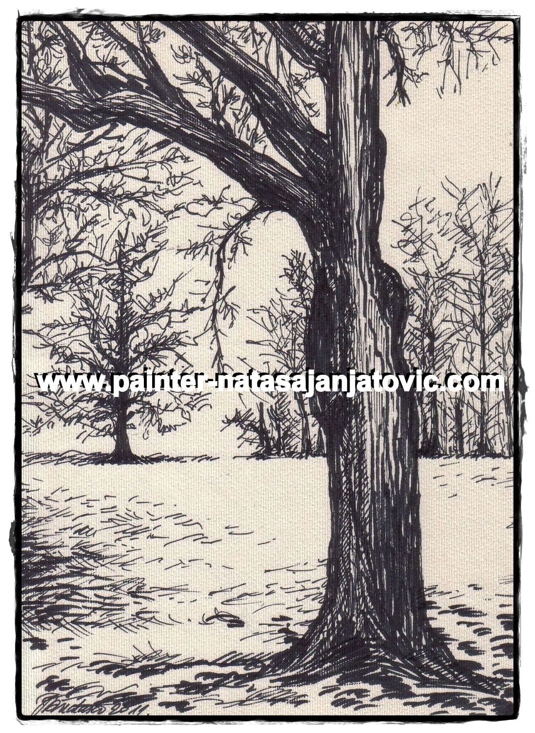 PARK POD SNEGOM/SNOWED PARK, crni flomasteri/black felt pens, 17,50x24,50 cm 