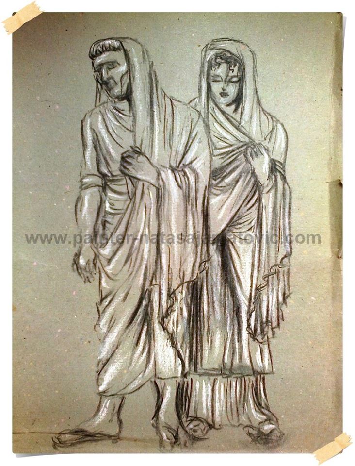 ODEĆA RIMLJANA/ROMAN COSTUMES, crna i bela kreda/black and white chalk, 41x32 cm
