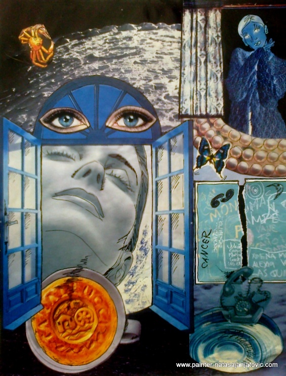 RAK/CANCER, kolaž i crtež/collage and drawing, 28x37 cm