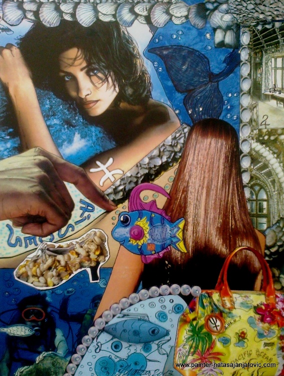 RIBE/PISCES, kolaž i crtež/collage and drawing, 28x37 cm