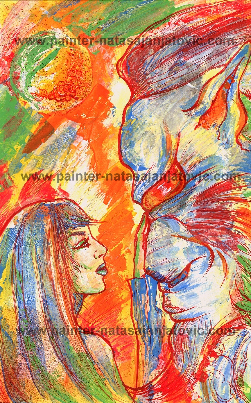 SKRIVENA NEŽNOST-LEPOTICA I ZVER 2/HIDDEN TENDERNESS-BEAUTY AND THE BEAST 2, akrilik i crveni tuš/acrylic and red ink, 26x41 cm 