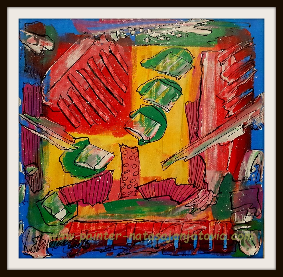 APSTRAKTNA IGRA 1/ABSTRACT GAME 1, akrilik i crni tuš na platnu/acrylic and black ink on canvas, 20x20 cm