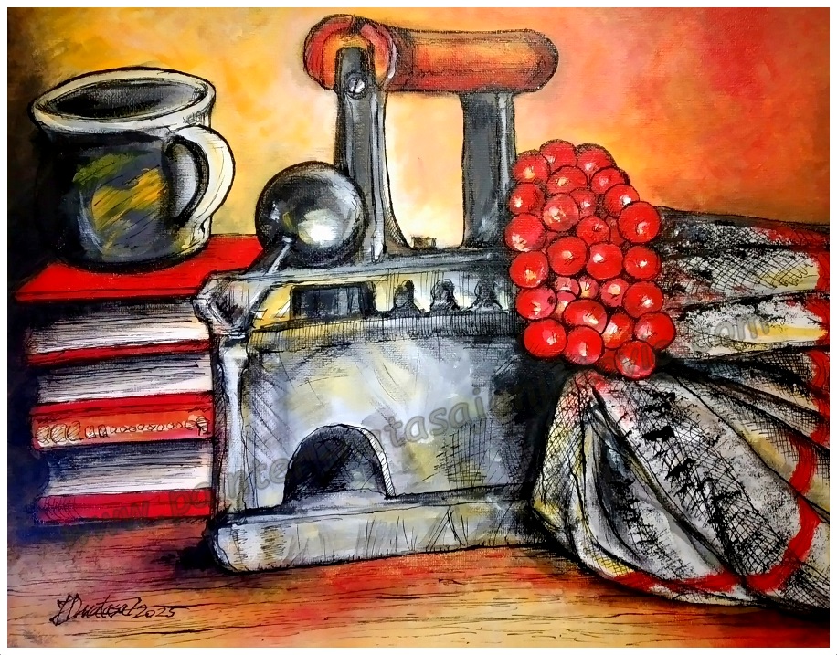 MRTVA PRIRODA SA PEGLOM NA PARU/STILL LIFE WITH A STEAM IRON, akrilik i crni tuš na platnu/acrylic and black ink on canvas, 35x45 cm 