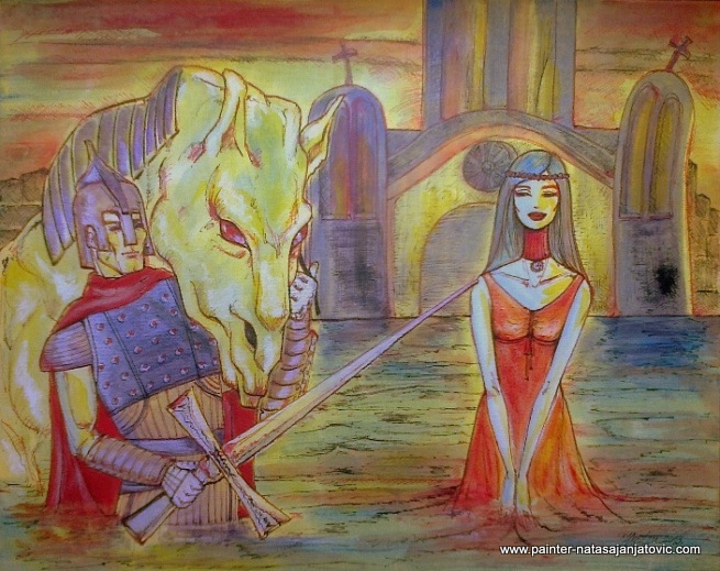 POVRATAK RATNIKA 1/RETURN OF THE WARRIOR 1, akrilik i tuš na panel-platnu/acrylic and ink on canvas panel, 40x50 cm 