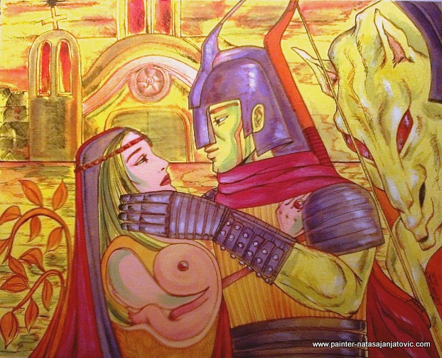 POVRATAK RATNIKA 3/RETURN OF THE WARRIOR 3, akrilik i tuš na panel-platnu/acrylic and ink on canvas panel, 40x50 cm 