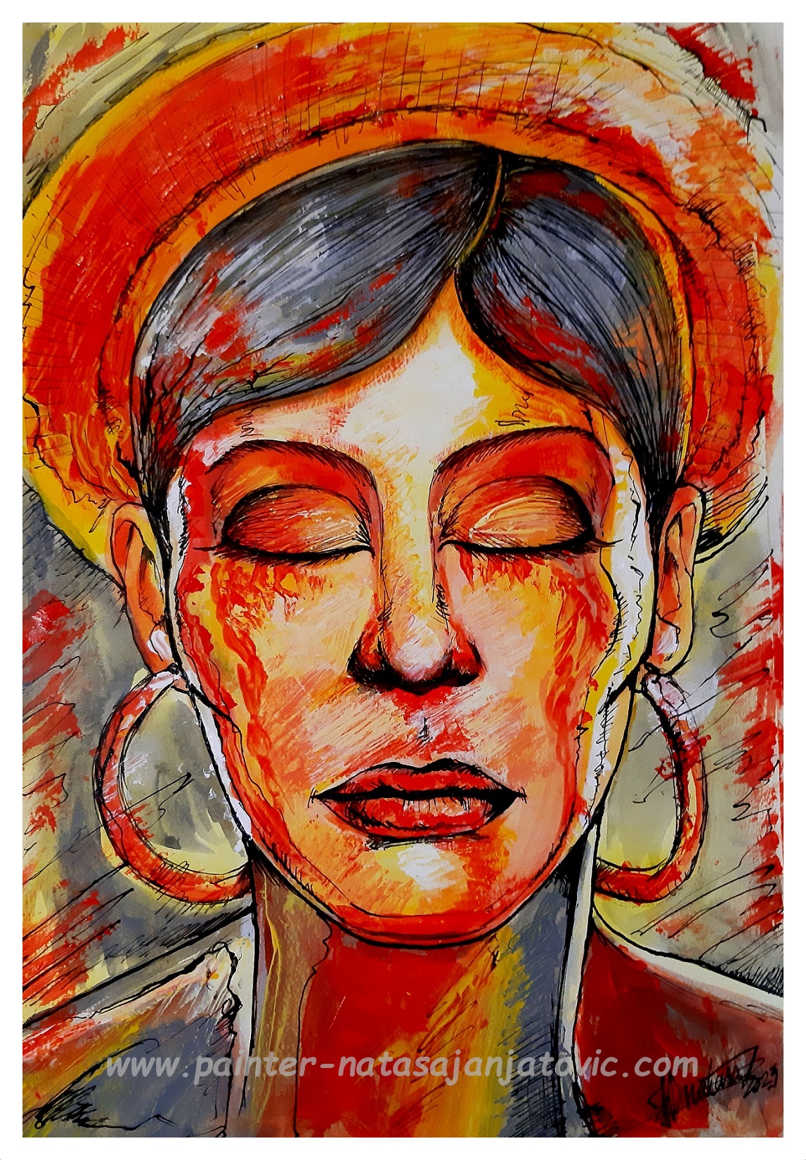 DEVOJKA SA SLAMNATIM ŠEŠIROM/A GIRL IN A STRAW HAT, akrilik i crni tuš na papiru/acrylic and black ink on paper, 27x39 cm 