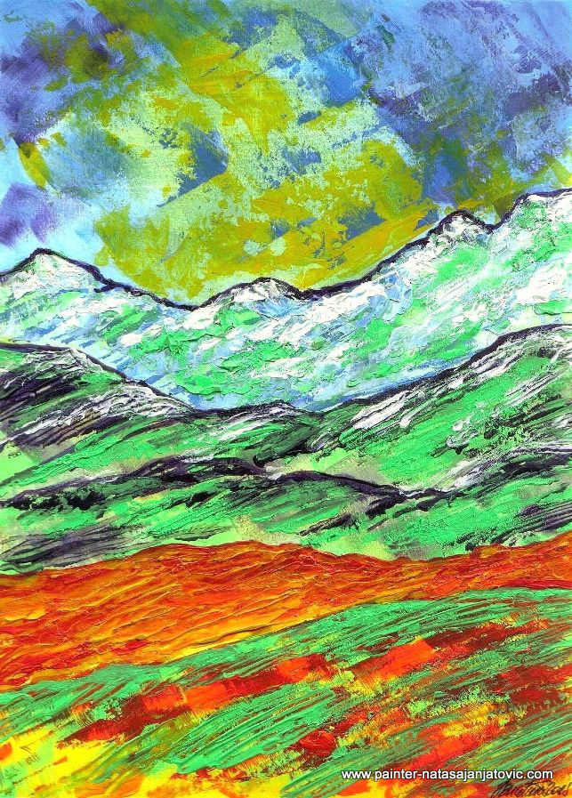 SLOJEVITI PLANINSKI PEJZAŽ/LAYERED MOUNTAIN LANDSCAPE, akrilik na specijalnom papiru/acrylic on special paper, 20x27,50 cm  