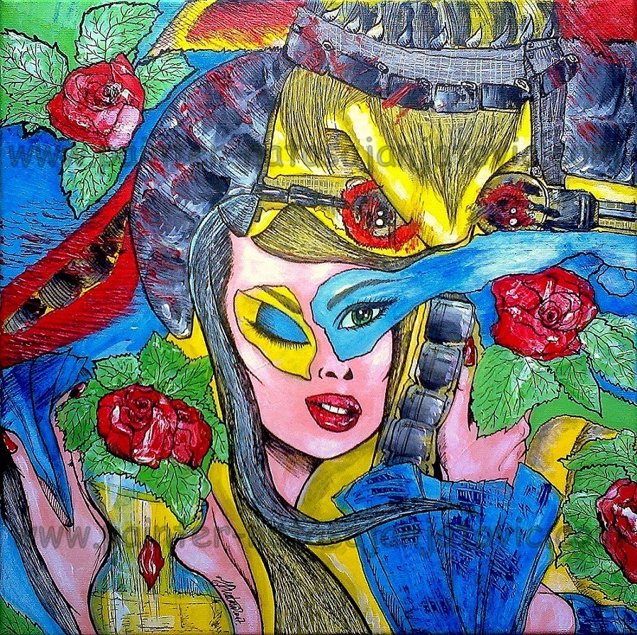 LEPOTICA I ZVER 4-ZAČARANA RUŽA/BEAUTY AND THE BEAST 4-THE ENCHANTED ROSE, akrilik i crni tuš na platnu/acrylic and black ink on canvas, 40x40 cm 