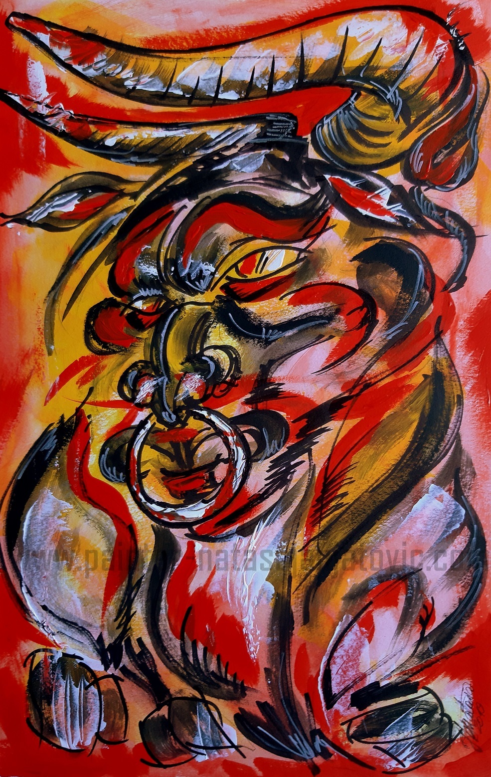 RAZJARENI BIK/RAGING BULL, akrilik i crni marker na specijalnom papiru/acrylic and black marker-pen on special paper, 26x41 cm 