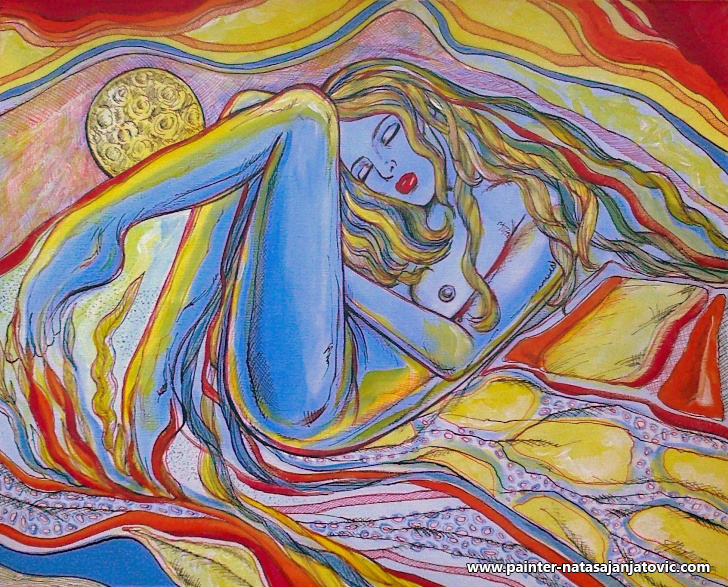 MESEČARENJE/MOONLIGHTING, akrilik i tuš na panel-platnu/acrylic and ink on canvas panel, 40x50 cm