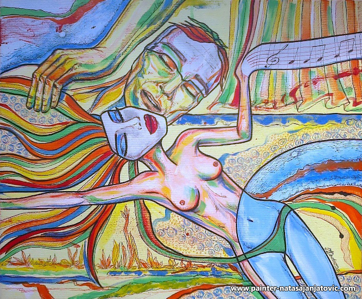 ZAPEČAĆENO POLJUPCEM/SEALED WITH THE KISS, akrilik i tuš na platnu/acrylic and ink on canvas, 50x60 cm
