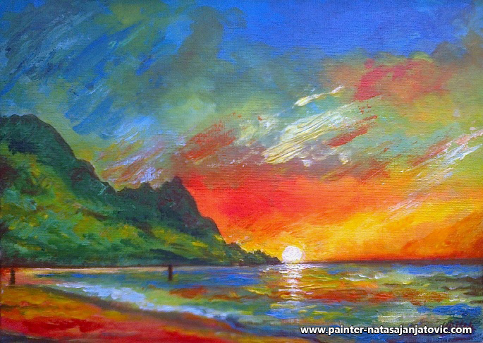 SUSRET NA PLAŽI/ENCOUNTER ON THE BEACH, akrilik na panel-platnu/acrylic on canvas panel, 25x35 cm 